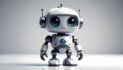 Monochrome cartoon robot with wide, apprehensive plastic eyes stands frozen in high fidelity setting, evoking sense of curiosity and wonder
