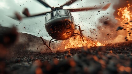 A helicopter dramatically lifts off the ground, surrounded by explosive debris and intense flames, capturing a moment of action and urgency in a breathtaking photograph.
