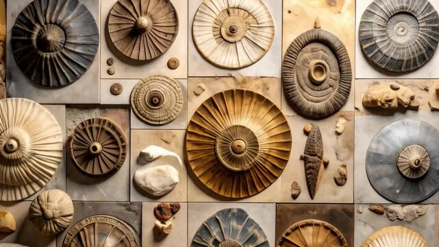 Collection of carved stone fossil replicas and decorative elements arranged in a grid on a beige tile background, creating an artistic mosaic pattern.