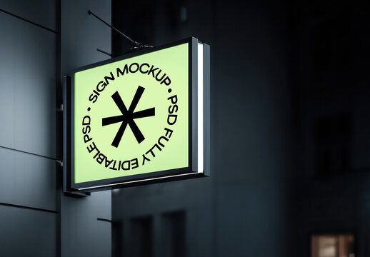 Square Lightbox Sign Mockup on Building at Night