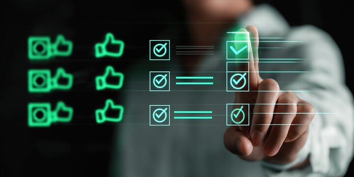 Business professional using futuristic transparent interface with checkboxes, rating icons, and sliders. Concept of digital voting, feedback systems, and smart polling UI.

