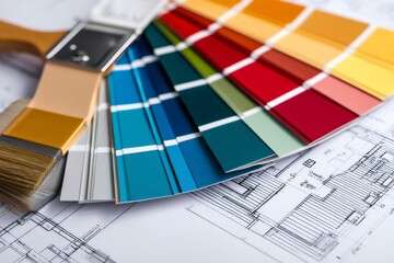 Paintbrush and color swatches palette resting on architectural blueprint for home renovation project