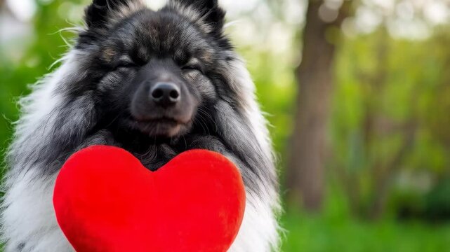 Fluffy wolfspitz dog with closed eyes holds a big plush red heart in green blurred garden outdoors. Affectionate animal with love concept.