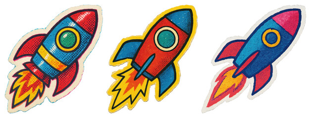 Obraz premium PNG Colorful cartoon rocket stickers, element set on transparent background