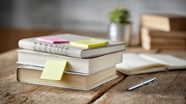 Stack of business books with planner, pen, and sticky notes on a wooden office table - Powered by Adobe