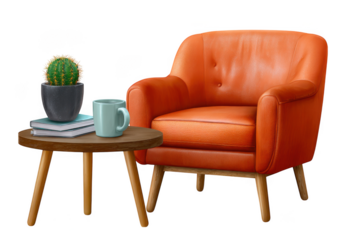 Cozy orange armchair with coffee mug and potted cactus on a side table isolated on transparent background