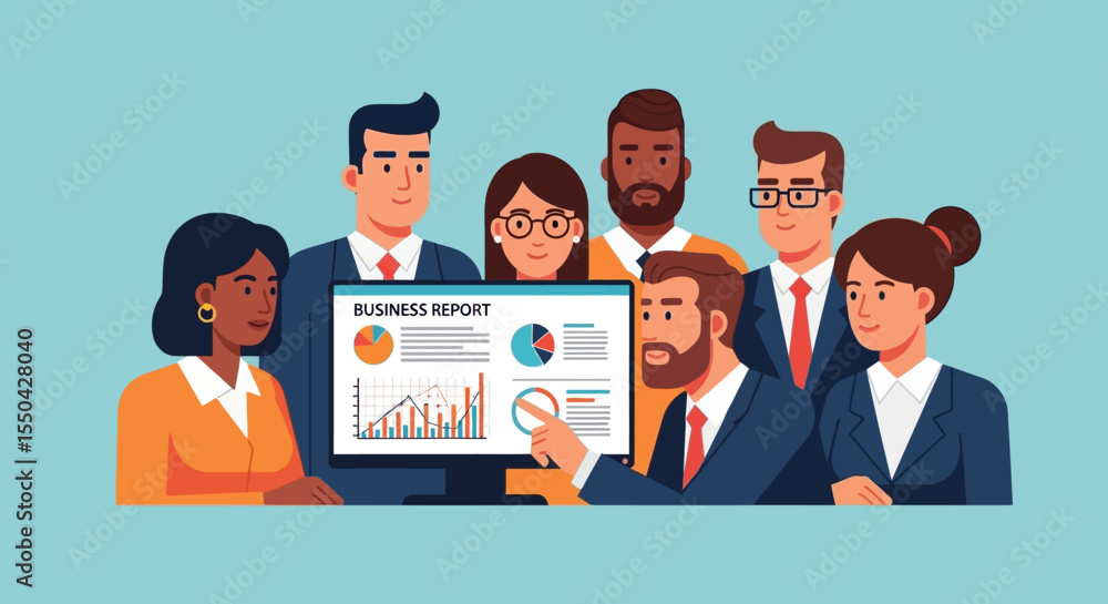 Poster diverse business team analyzing data on computer screen