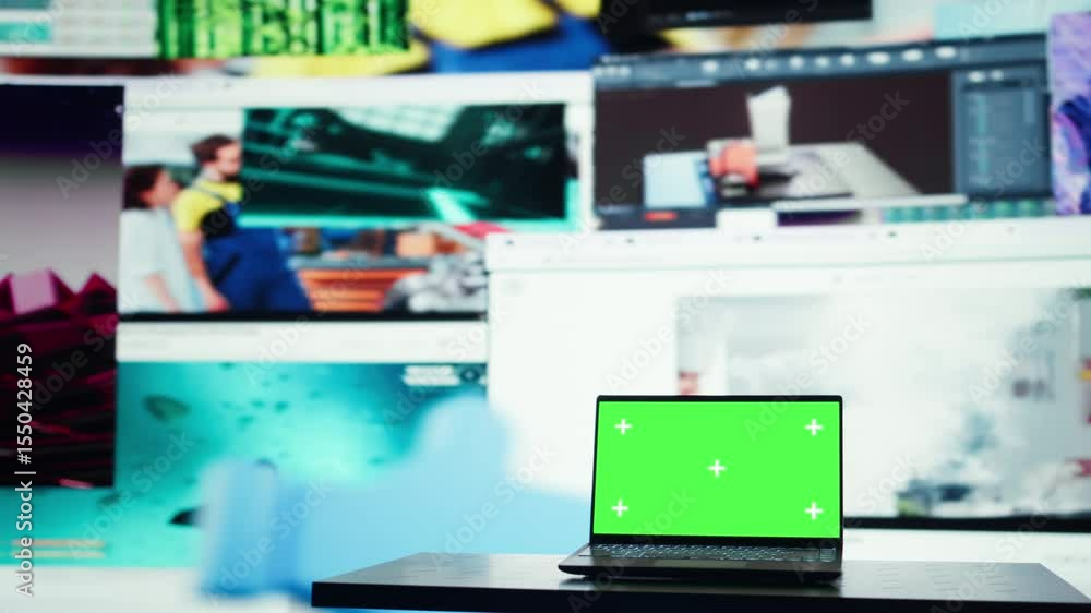 Poster green screen laptop in front of endless grid of streaming windows displaying mixed media. mockup not