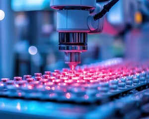 Highresolution closeup of pharmaceutical robot sorting drugs, ambient blue lighting, sharp focus