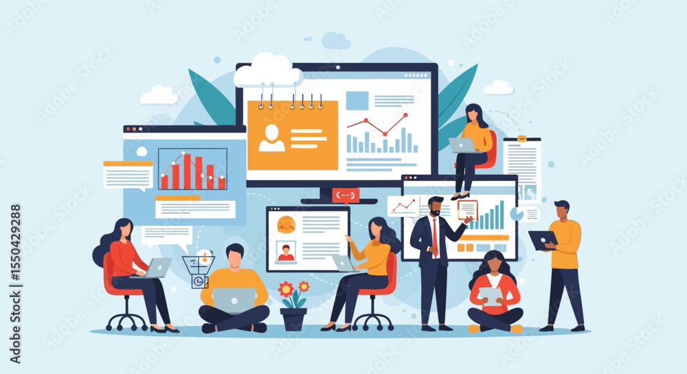 Poster collaborative teamwork data analysis and project management illustration