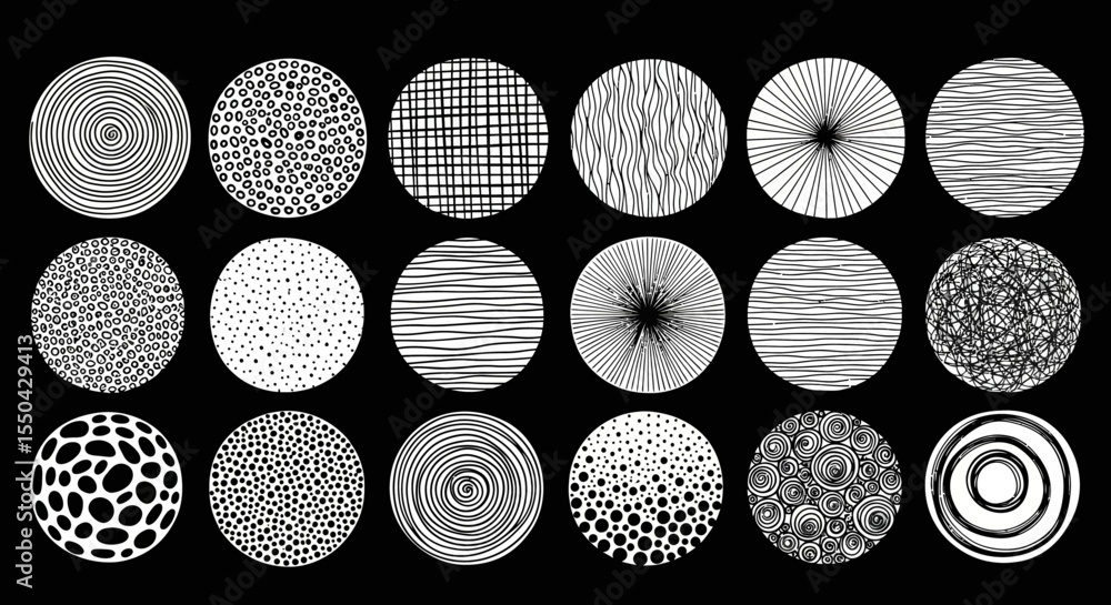 Poster collection of 20 circular abstract patterns black and white textures for design