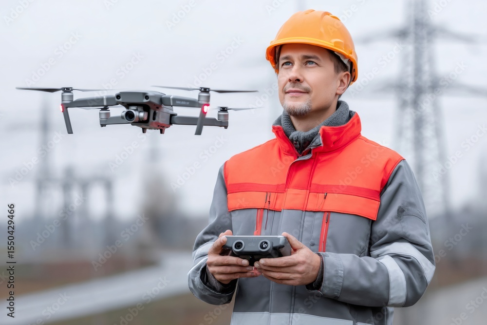 Poster electrical engineer piloting drone inspecting high voltage power lines with remote control