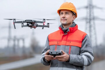 Electrical engineer piloting drone inspecting high voltage power lines with remote control