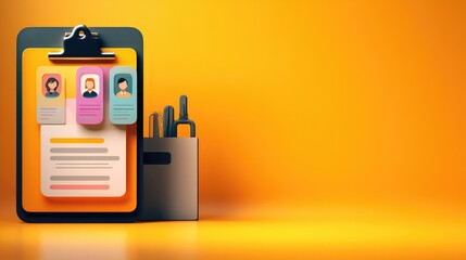 Vertical business card design mockup on clipboard with creative layout and contact icons