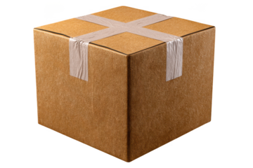 A sturdy brown cardboard shipping box sealed with light grey tape isolated on transparent background
