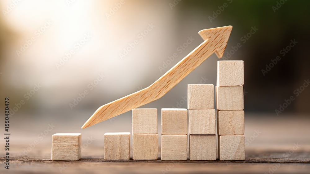 Poster wooden blocks stacked in increasing height with arrow overlay for progress concept