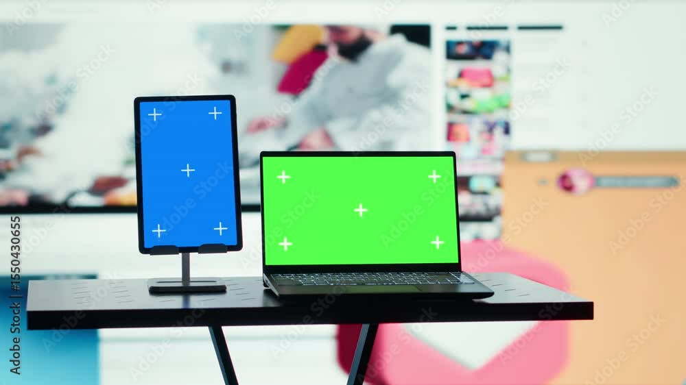 Poster chroma key notebook and tablet and multimedia display merging gaming, cooking, and tech clips. isola