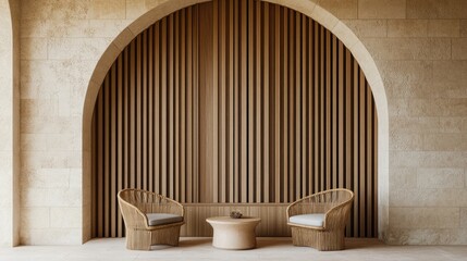 Tranquil alcove with wicker chairs and wooden paneling.