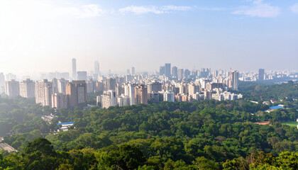 Panoramic view of Pune, sprawling metropolis in Maharashtra, India, showcasing blend of urban architecture and lush greenery, evoking sense of tranquility amidst bustling city life