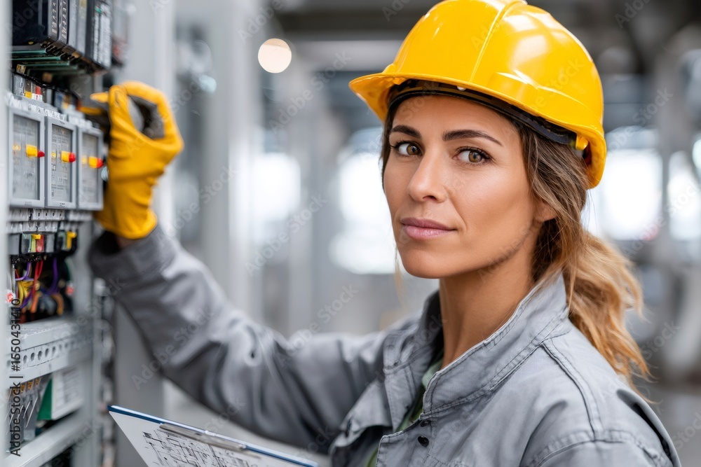 Poster electrical engineer is checking the power supply system in a control room