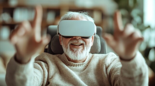 A joyful elderly man engages with a virtual reality headset, showcasing the intersection of technology and happiness in modern aged life, emphasizing connectivity and playfulness.