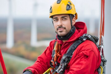 Fototapeta premium Technician working on a wind turbine wearing safety equipment
