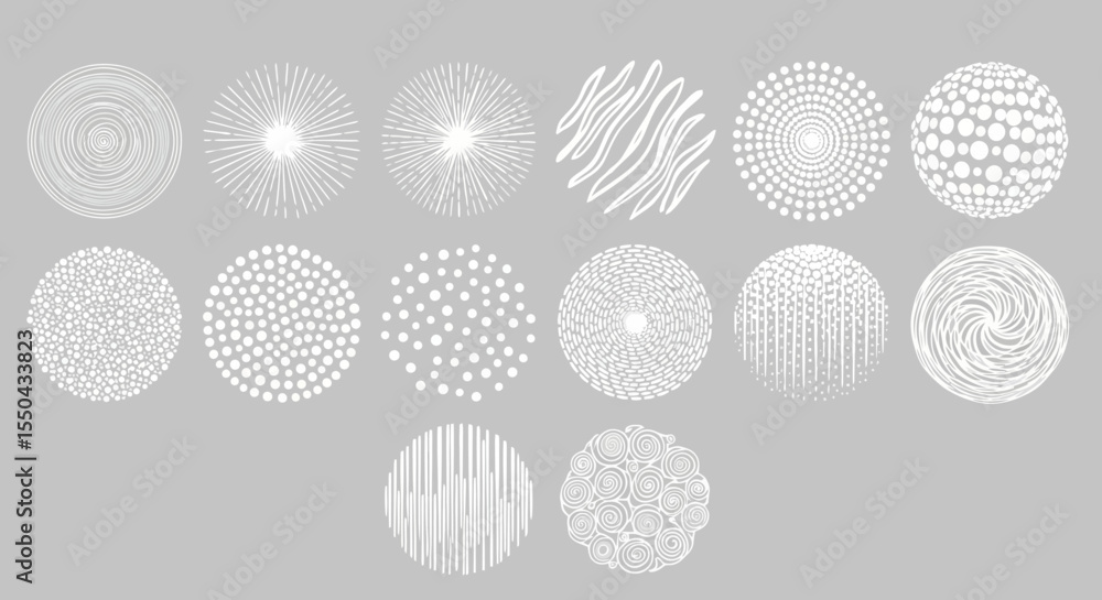 Poster collection of abstract circular patterns white on gray background