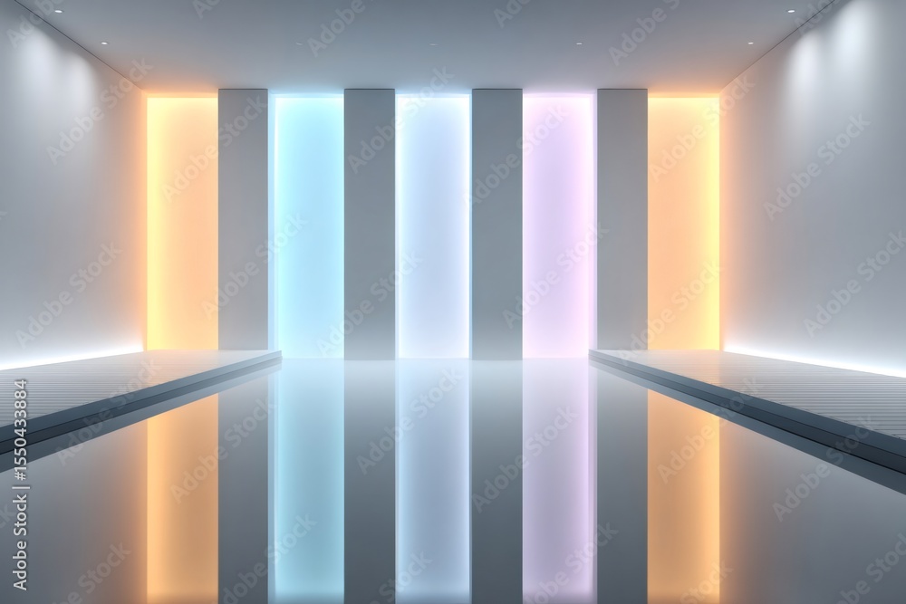 Poster empty futuristic room reflecting colorful led lights