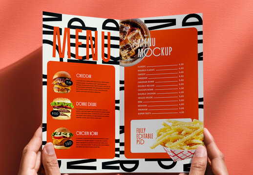 Folded Fast Food Menu Mockup Held by Hands