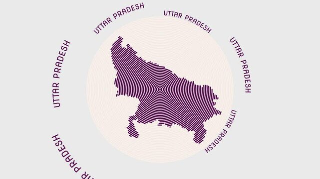 Uttar Pradesh shape with dynamic circles visual effect. Animation of Uttar Pradesh logo appearing from rotating rings and state name around the shape. Intro, opening, closing, logo video.