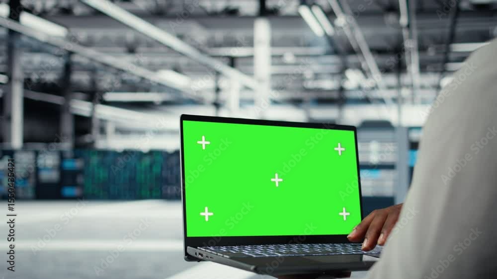 Poster close up of technician upgrading equipment in data center using isolated screen laptop. it professio