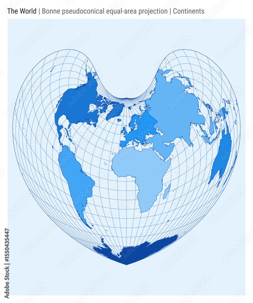 Poster world map. bonne pseudoconical equal-area projection. continents style. high detail world map for in