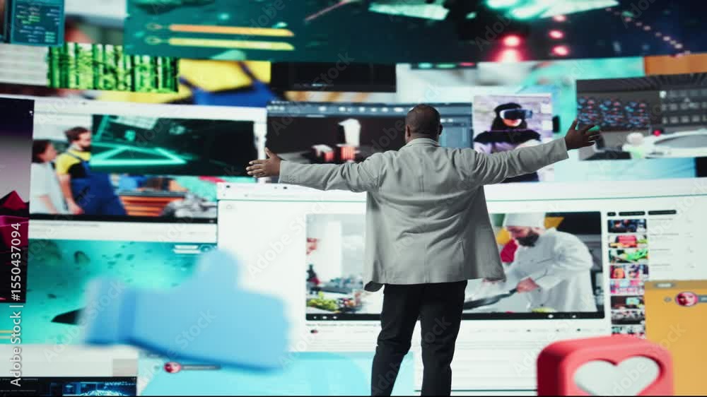 Poster ecstatic viewer celebrating freedom of unlimited video content in virtual space. delighted african a