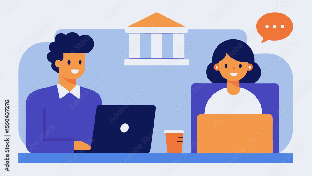 Aufkleber depict a customer sitting at a desk with a bank advisor before shifting to the next scene which show