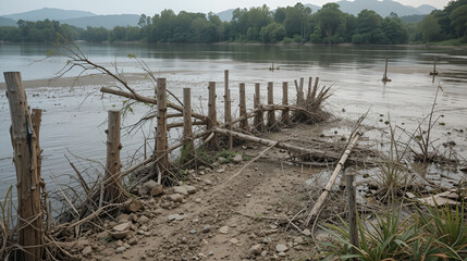 The riverbank with wooden poles likely using for preventing the soil erosion in the riverbank