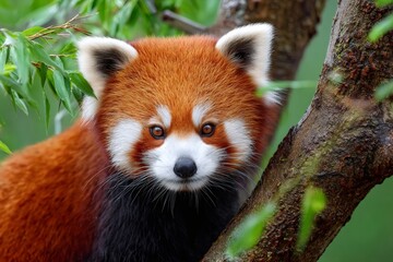 Red panda resting on tree branch in lush forest