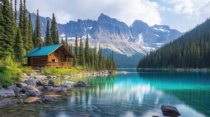 Picturesque alpine cabin nestled on a tranquil lake shore, surrounded by majestic mountains and evergreen forests