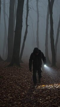  Randonneur solitaire dans une for&ecirc;t brumeuse avec lampe torche