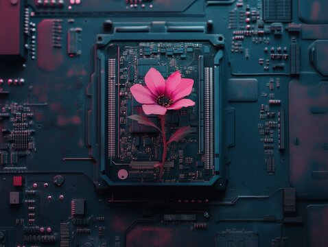 A vibrant pink flower grows from the center of a dark computer circuit board, blending nature with technology in a striking contrast.
