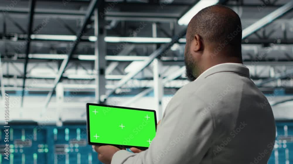 Poster admin working in server farm using isolated screen tablet to analyze data. it expert examining infra