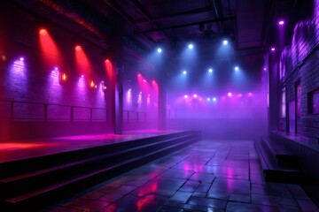 Empty underground nightclub illuminated with pink and blue lights