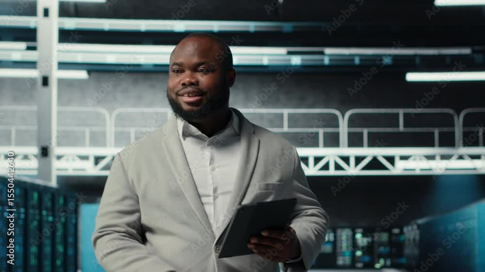Poster server farm employee upgrading gear for increased processing and storage capacity. data center it pr