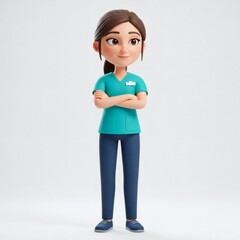 Cartoon Nurse with Arms Crossed Smiling in Teal Scrubs and Blue Pants