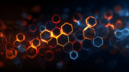 A visually appealing abstract background featuring luminous hexagonal patterns in bright blue and orange tones. The dark color scheme highlights these luminous elements.