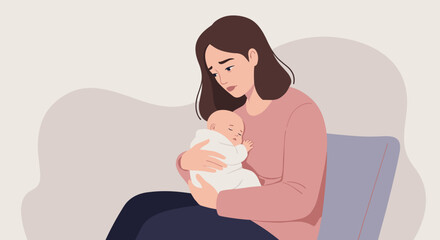 Illustration of a Young Mother Experiencing Postpartum Depression for Mental Health Awareness and Maternal Support Programs