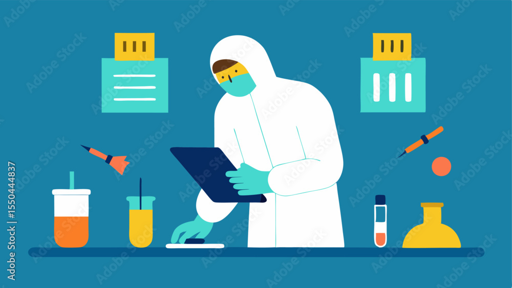 Poster evidence cataloging a forensic lab worker documenting dna evidence in a notebook while surrounding e