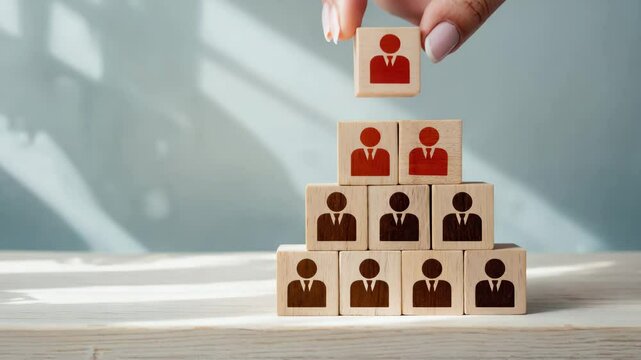 Hand placing red figure wooden block on pyramid of black figure blocks