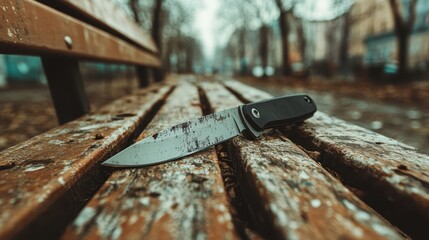 A close-up shot of a knife resting on a weathered bench, evoking a sense of tension and mystery in a tranquil outdoor setting that tells a deeper story.