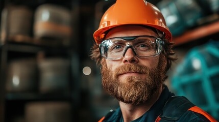 A confident worker sporting a hard hat and protective glasses, emphasizing safety and professionalism in the workplace, ready for action and diligence.