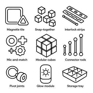 Modular Fidget Icons. Line style icons of Customizable Modular Fidgets: magnetic tile set, snap-together blocks, interlock strips,